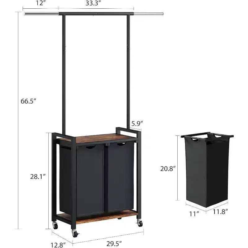 Cesto Portabiancheria con Appendiabiti e Ripiano, Carrello Avvolgibile con Ruote Bloccabili, Organizzatore a Cestino per Lavanderia Camera da Letto Bagno