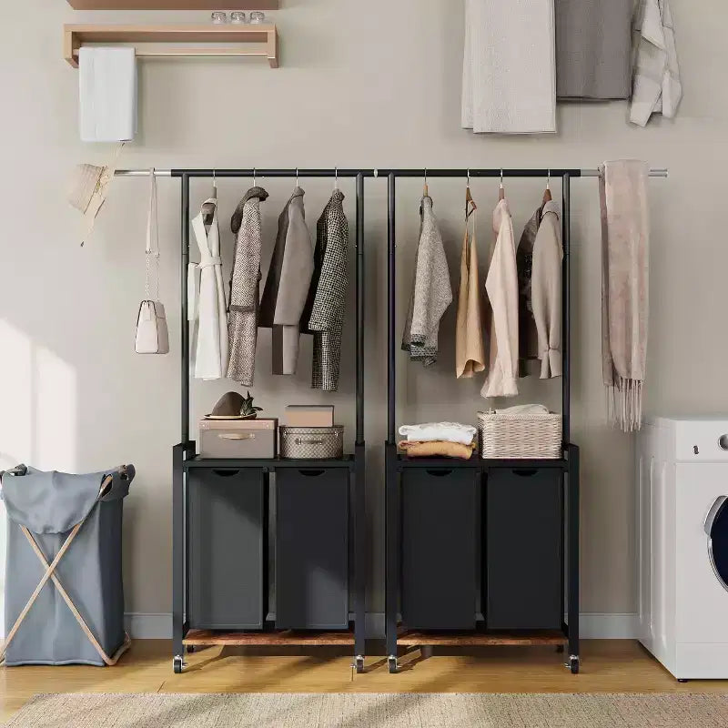 Cesto Portabiancheria con Appendiabiti e Ripiano, Carrello Avvolgibile con Ruote Bloccabili, Organizzatore a Cestino per Lavanderia Camera da Letto Bagno