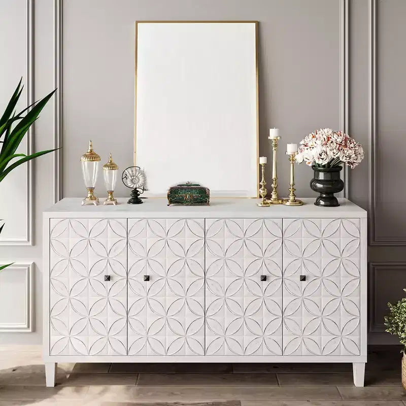 Madia moderna in legno con 4 ante, mobile credenza con ripiani regolabili e maniglie quadrate in metallo per soggiorno, finitura bianco anticato