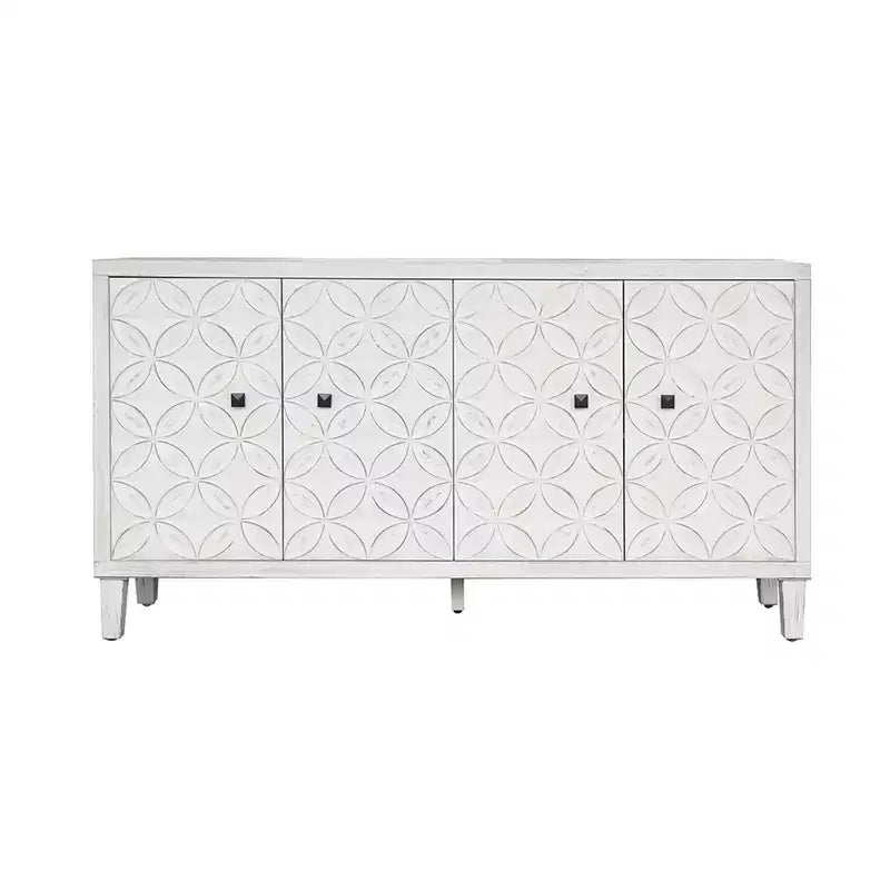 Madia moderna in legno con 4 ante, mobile credenza con ripiani regolabili e maniglie quadrate in metallo per soggiorno, finitura bianco anticato