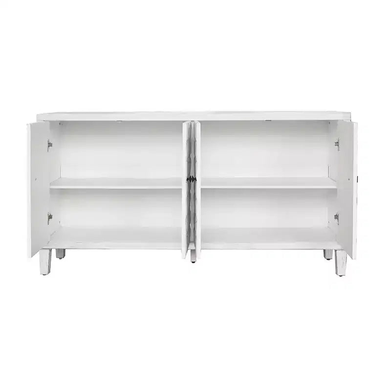 Madia moderna in legno con 4 ante, mobile credenza con ripiani regolabili e maniglie quadrate in metallo per soggiorno, finitura bianco anticato