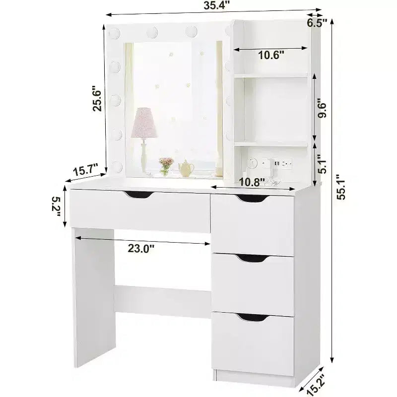 Toeletta con Specchio, 4 Cassetti, Scaffali e Presa Elettrica – Camera da Letto