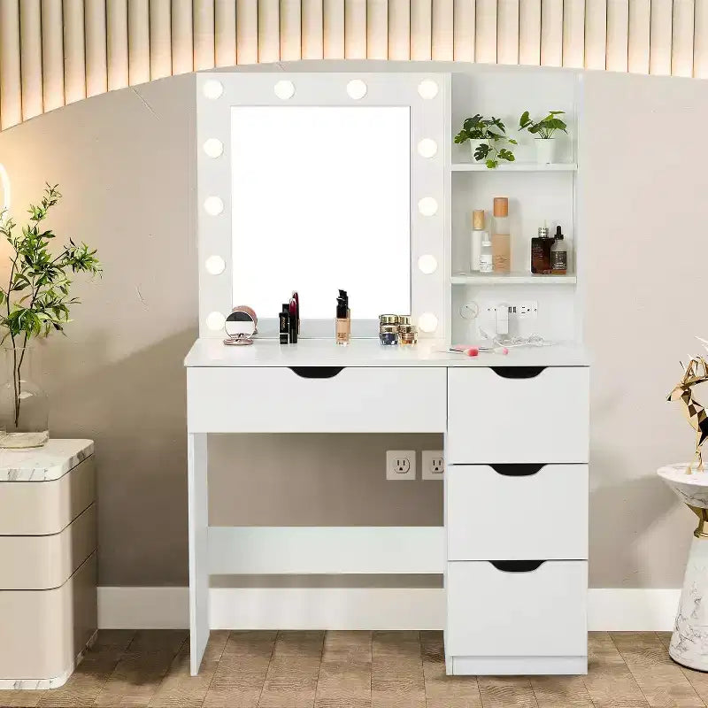 Toeletta con Specchio, 4 Cassetti, Scaffali e Presa Elettrica – Camera da Letto