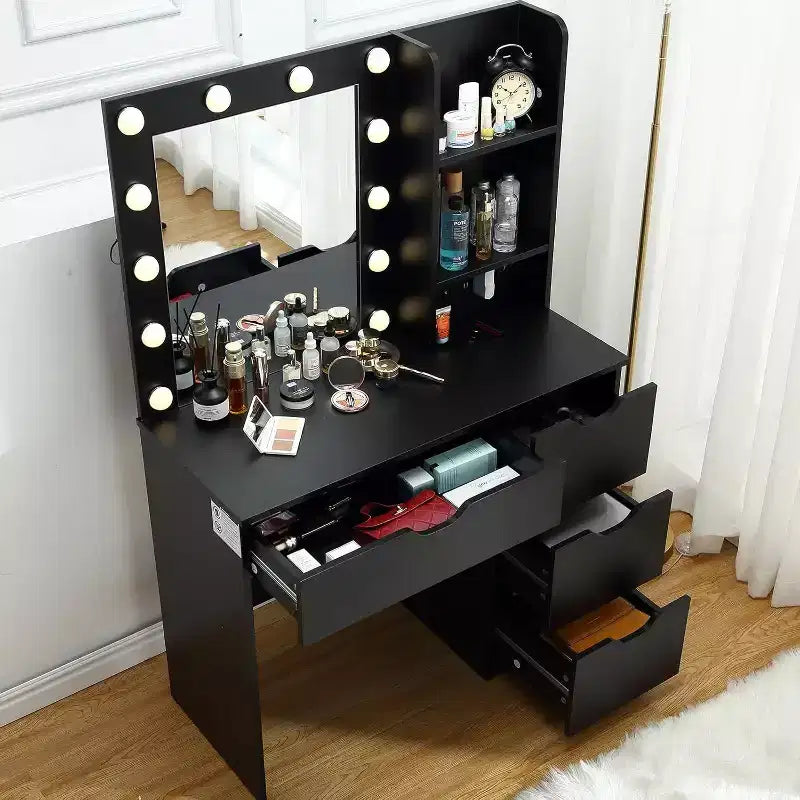 Toeletta con Specchio, 4 Cassetti, Scaffali e Presa Elettrica – Camera da Letto