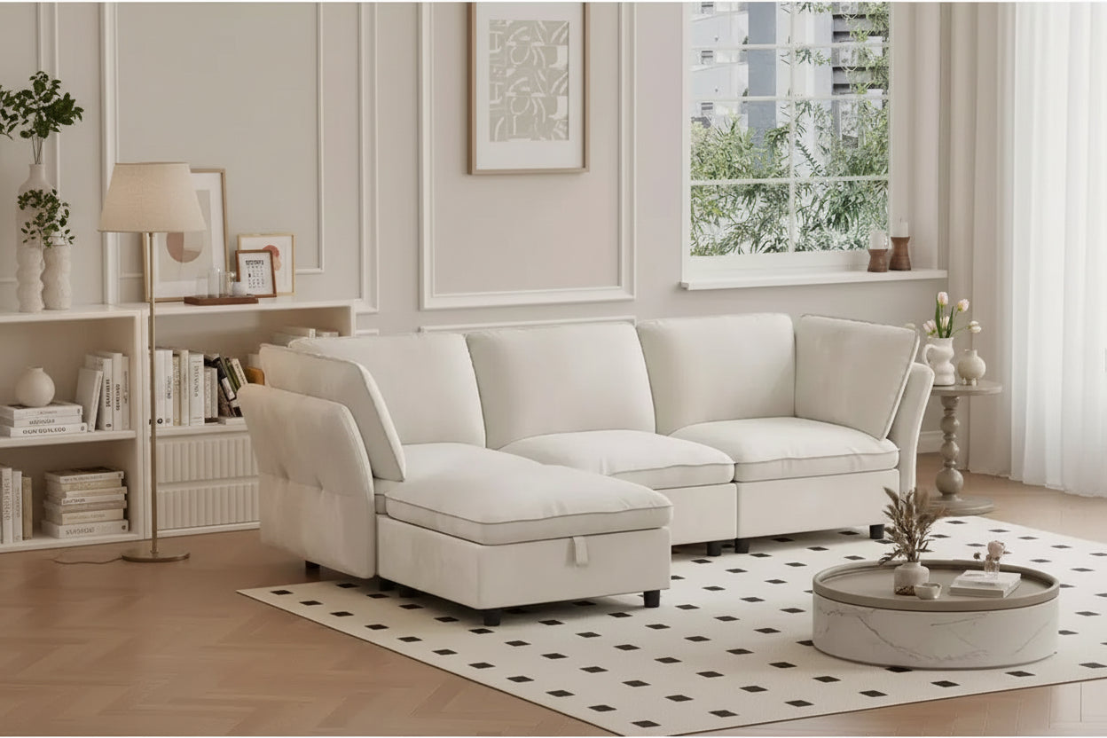 Sofa, Modular Single Seat with Storage Ottoman  Velvet Cloud Armless Chair + Movable Ottoman/Pillows for Living Room Cream Beige