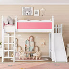 Letto a soppalco Queen per bambini con scivolo, scale, mensole e armadietto – Rosa e Bianco
