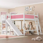 Letto a soppalco Queen per bambini con scivolo, scale, mensole e armadietto – Rosa e Bianco