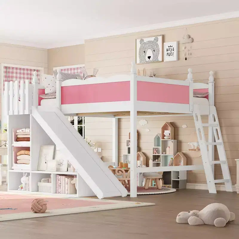 Letto a soppalco Queen per bambini con scivolo, scale, mensole e armadietto – Rosa e Bianco