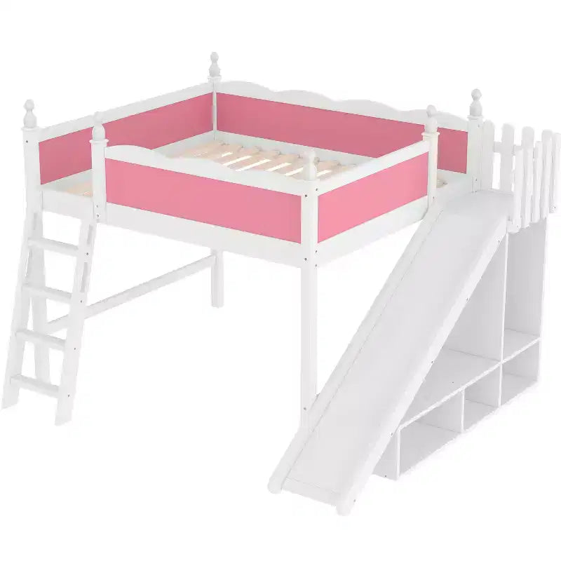 Letto a soppalco Queen per bambini con scivolo, scale, mensole e armadietto – Rosa e Bianco