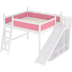 Letto a soppalco Queen per bambini con scivolo, scale, mensole e armadietto – Rosa e Bianco