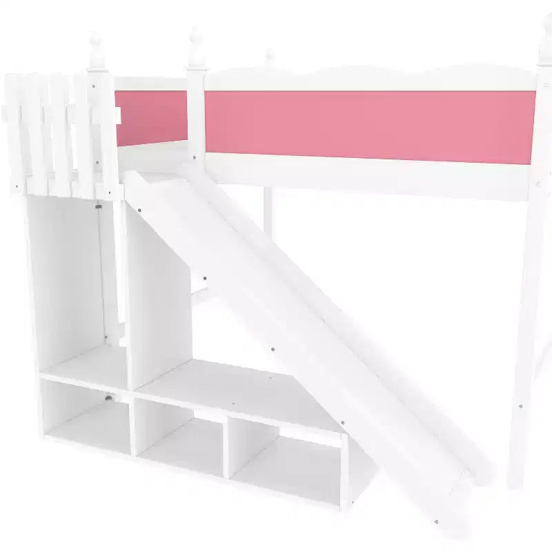 Letto a soppalco Queen per bambini con scivolo, scale, mensole e armadietto – Rosa e Bianco