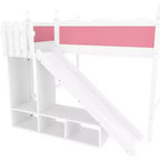 Letto a soppalco Queen per bambini con scivolo, scale, mensole e armadietto – Rosa e Bianco