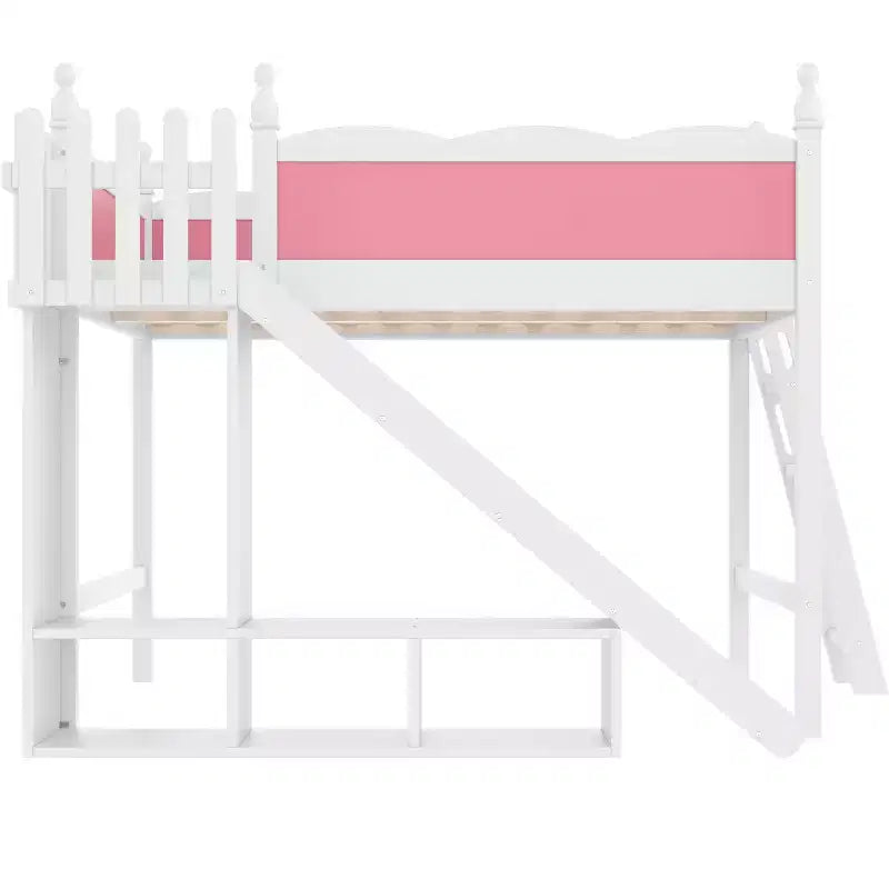 Letto a soppalco Queen per bambini con scivolo, scale, mensole e armadietto – Rosa e Bianco