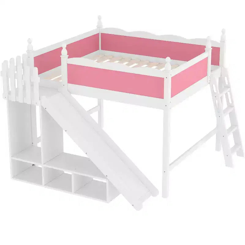Letto a soppalco Queen per bambini con scivolo, scale, mensole e armadietto – Rosa e Bianco