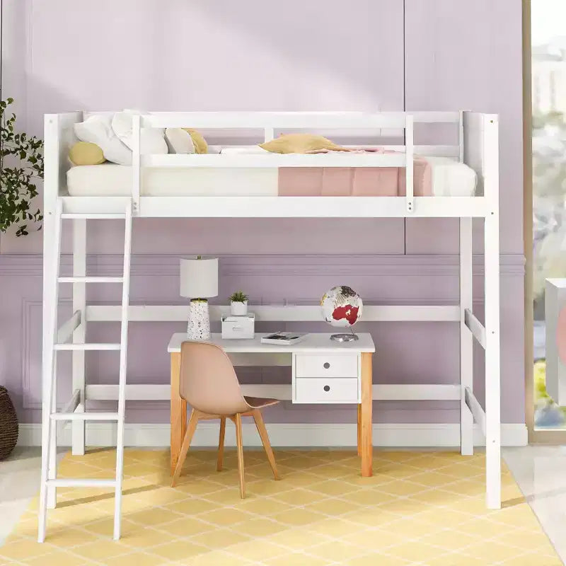 Luxystar Modern Twin Size Wood Loft Bed with Ladder and Guardrails, White