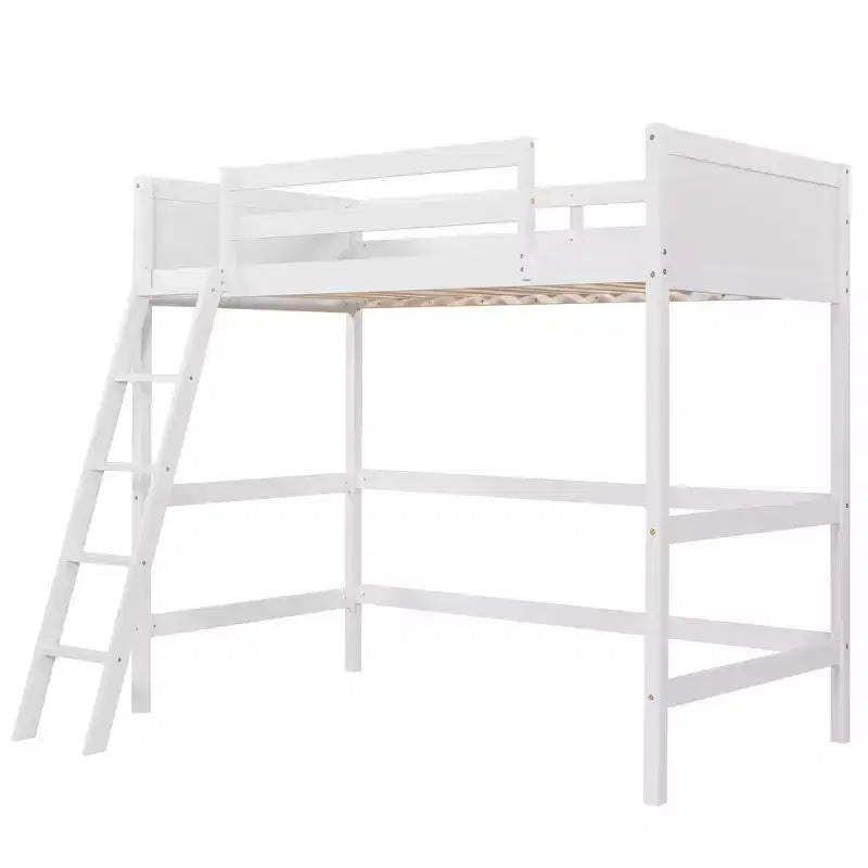 Letto a soppalco moderno in legno matrimoniale con scaletta e spondine – Bianco