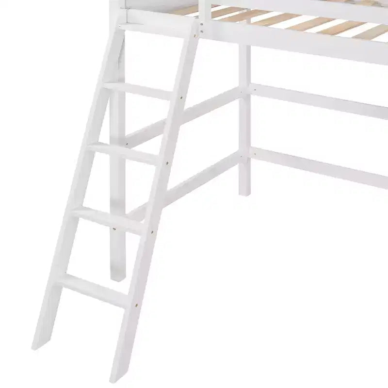 Letto a soppalco moderno in legno matrimoniale con scaletta e spondine – Bianco