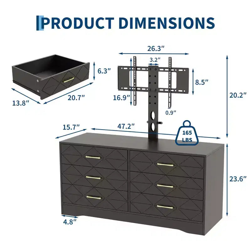 Mobile TV con supporto regolabile e 6 cassetti, Centro di intrattenimento per TV da 32-80 pollici, Consolle multimediale per camera da letto e soggiorno