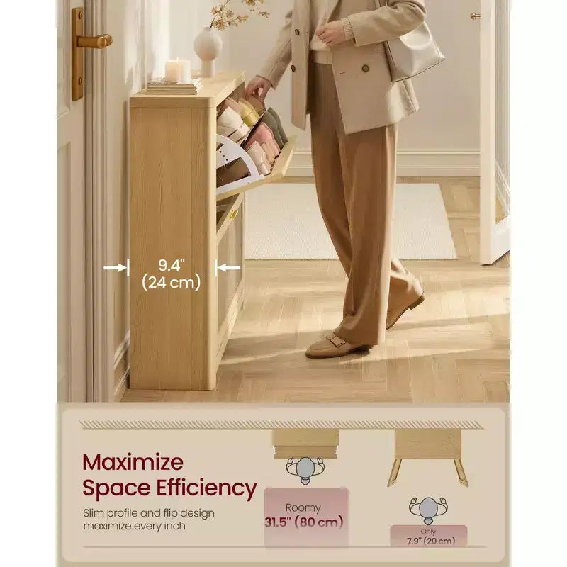 Scarpiera sottile Boho da ingresso con ante a ribalta effetto rattan e angoli arrotondati