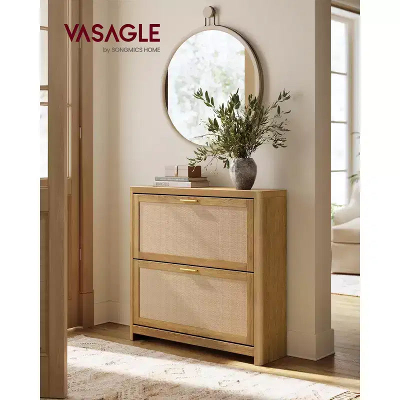 Scarpiera sottile Boho da ingresso con ante a ribalta effetto rattan e angoli arrotondati