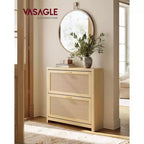 Scarpiera sottile Boho da ingresso con ante a ribalta effetto rattan e angoli arrotondati