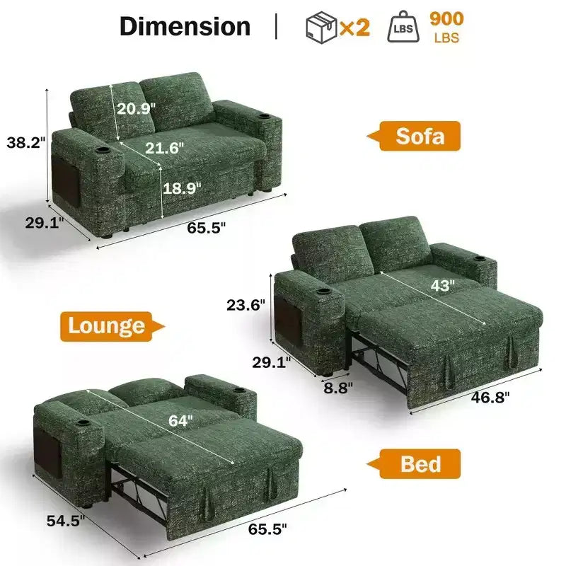 Divano letto a 4 funzioni da 65,5" con schienali regolabili, ricarica USB e portabicchieri