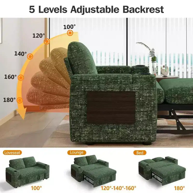 Divano letto a 4 funzioni da 65,5" con schienali regolabili, ricarica USB e portabicchieri