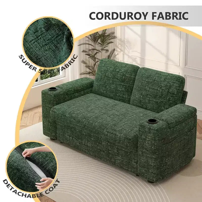 Divano letto a 4 funzioni da 65,5" con schienali regolabili, ricarica USB e portabicchieri