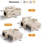 Divano letto a 4 funzioni da 65,5" con schienali regolabili, ricarica USB e portabicchieri