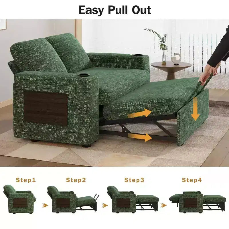 Divano letto a 4 funzioni da 65,5" con schienali regolabili, ricarica USB e portabicchieri