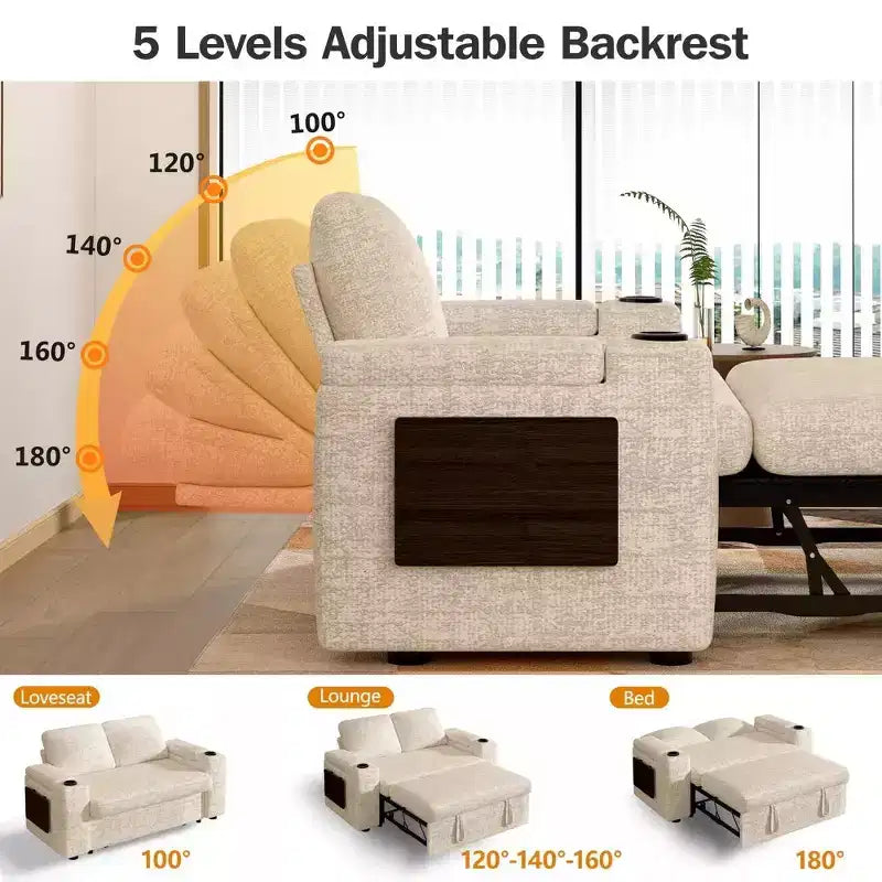 Divano letto a 4 funzioni da 65,5" con schienali regolabili, ricarica USB e portabicchieri