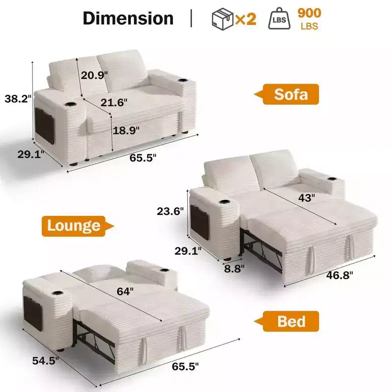 Divano letto a 4 funzioni da 65,5" con schienali regolabili, ricarica USB e portabicchieri