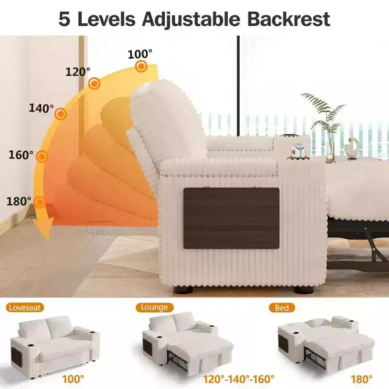 Divano letto a 4 funzioni da 65,5" con schienali regolabili, ricarica USB e portabicchieri