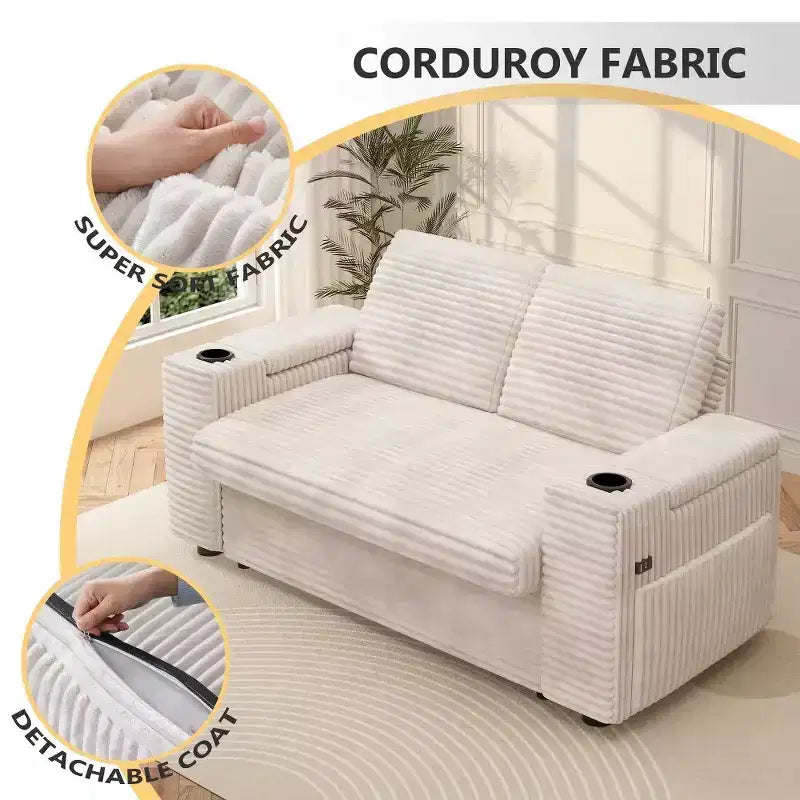 Divano letto a 4 funzioni da 65,5" con schienali regolabili, ricarica USB e portabicchieri