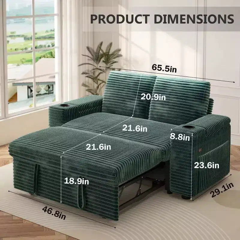 Divano letto a 4 funzioni da 65,5" con schienali regolabili, ricarica USB e portabicchieri