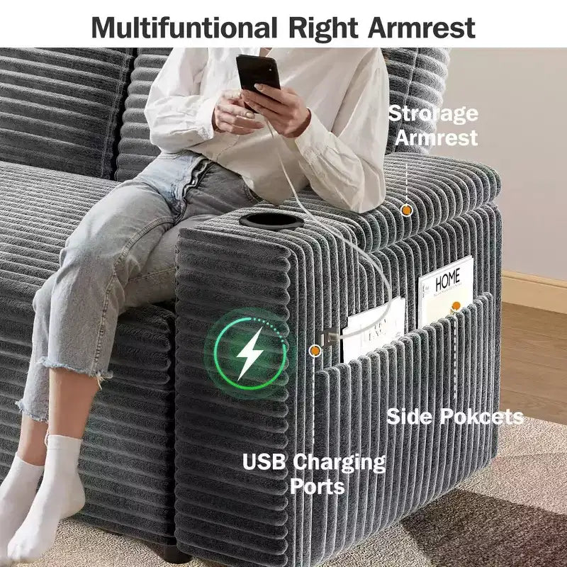 Divano letto a 4 funzioni da 65,5" con schienali regolabili, ricarica USB e portabicchieri