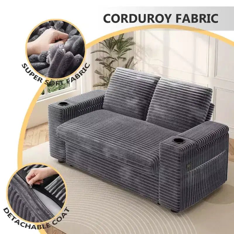 Divano letto a 4 funzioni da 65,5" con schienali regolabili, ricarica USB e portabicchieri