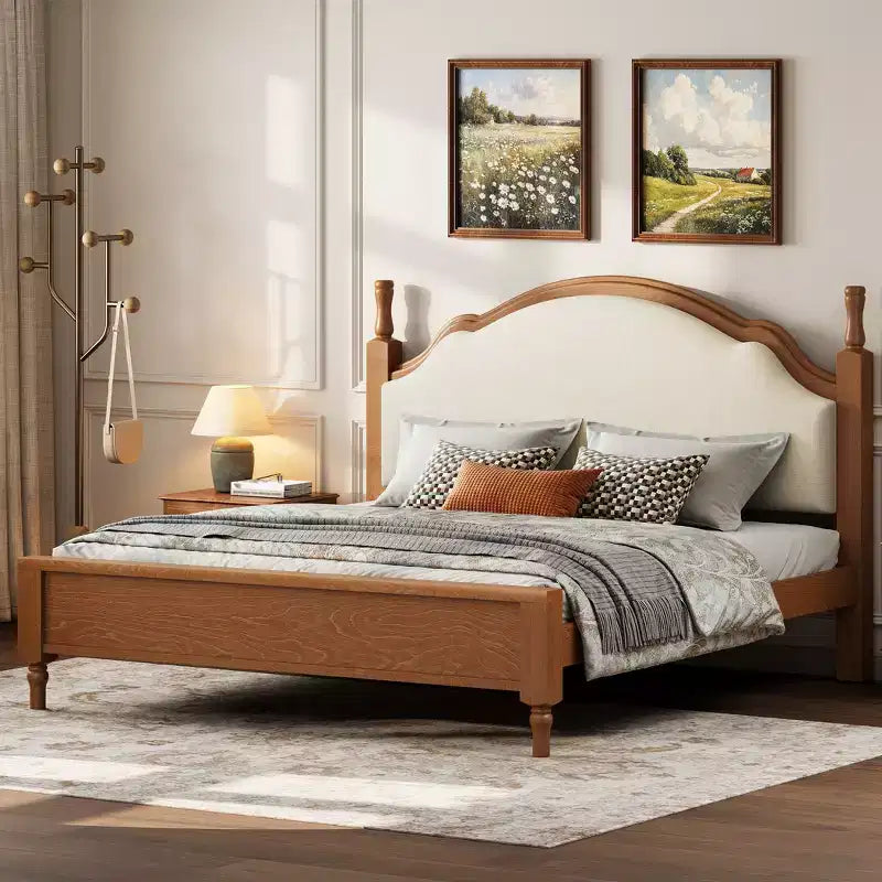 Letto imbottito nero/marrone con piattaforma, testiera curva, struttura in legno di pino, queen/king, per 2 persone