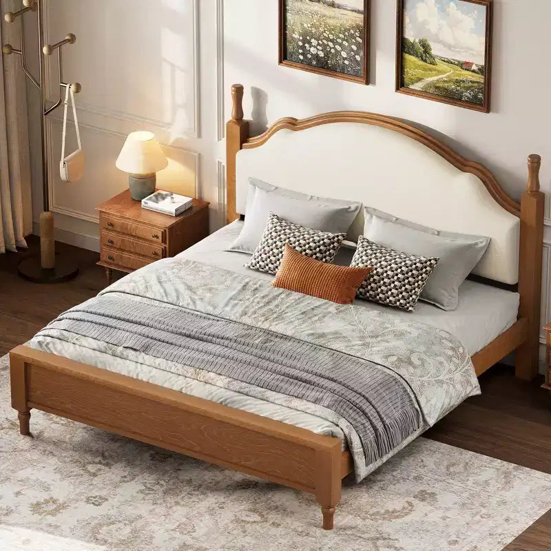 Letto imbottito nero/marrone con piattaforma, testiera curva, struttura in legno di pino, queen/king, per 2 persone