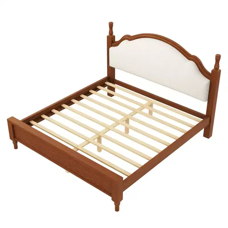 Letto imbottito nero/marrone con piattaforma, testiera curva, struttura in legno di pino, queen/king, per 2 persone