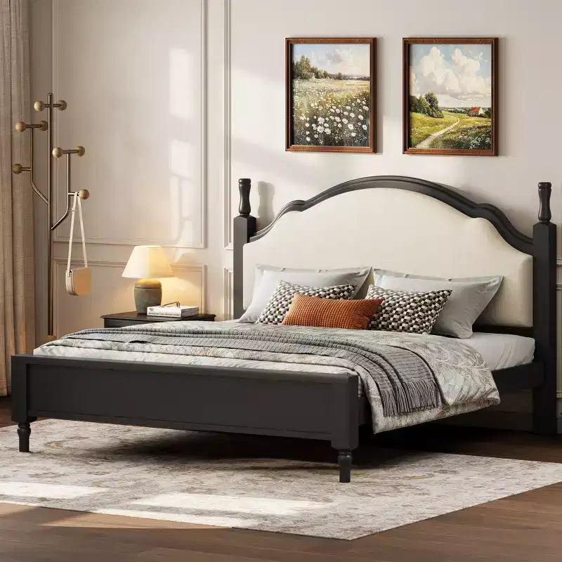 Letto imbottito nero/marrone con piattaforma, testiera curva, struttura in legno di pino, queen/king, per 2 persone