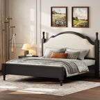 Letto imbottito nero/marrone con piattaforma, testiera curva, struttura in legno di pino, queen/king, per 2 persone