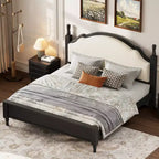Letto imbottito nero/marrone con piattaforma, testiera curva, struttura in legno di pino, queen/king, per 2 persone