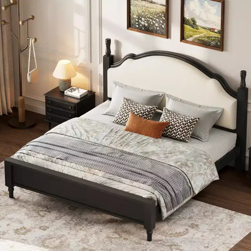 Letto imbottito nero/marrone con piattaforma, testiera curva, struttura in legno di pino, queen/king, per 2 persone