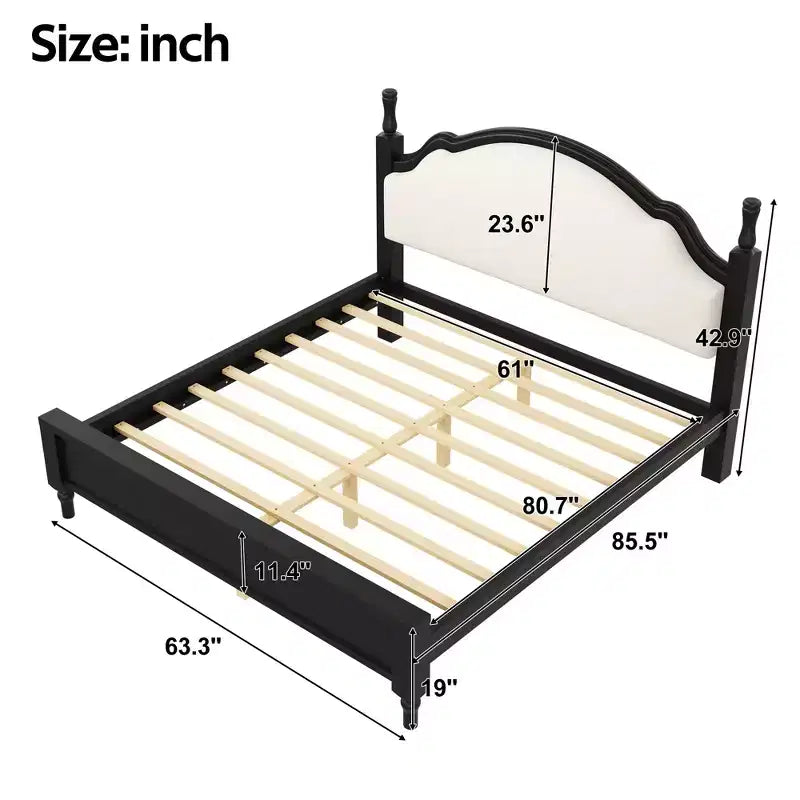 Letto imbottito nero/marrone con piattaforma, testiera curva, struttura in legno di pino, queen/king, per 2 persone