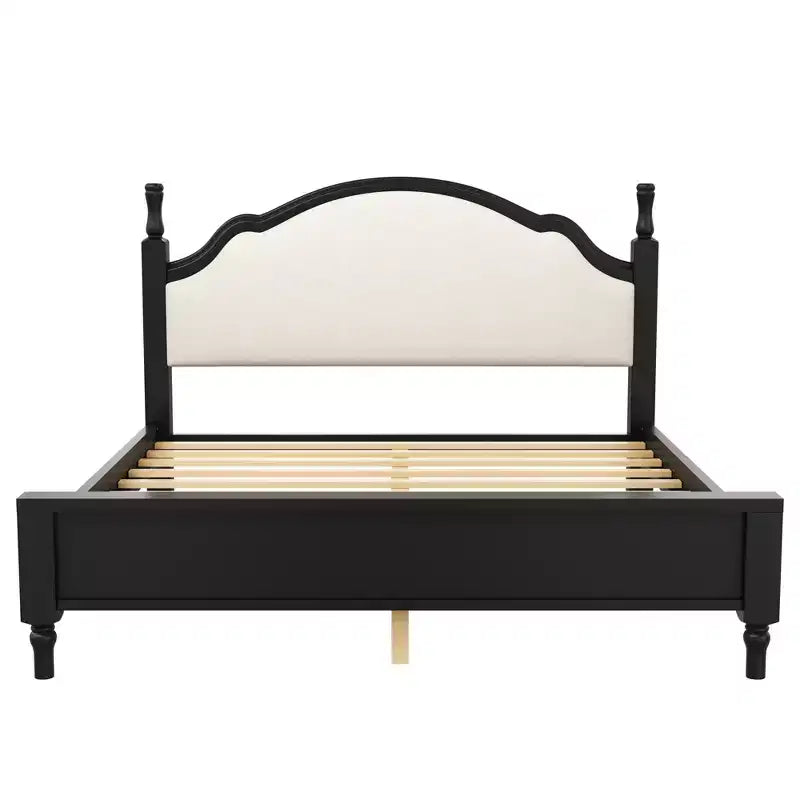 Letto imbottito nero/marrone con piattaforma, testiera curva, struttura in legno di pino, queen/king, per 2 persone
