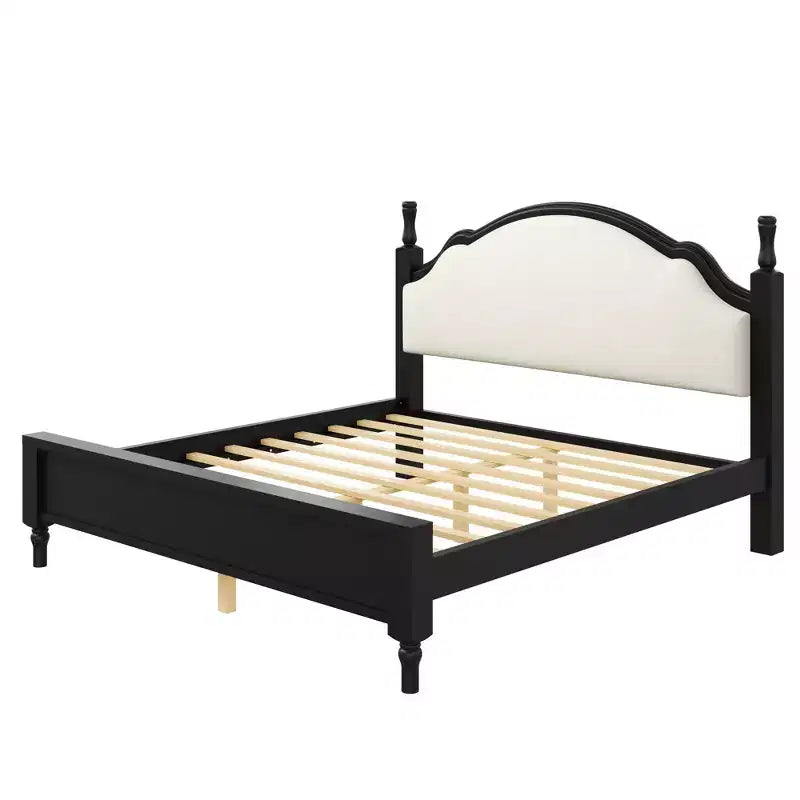 Letto imbottito nero/marrone con piattaforma, testiera curva, struttura in legno di pino, queen/king, per 2 persone