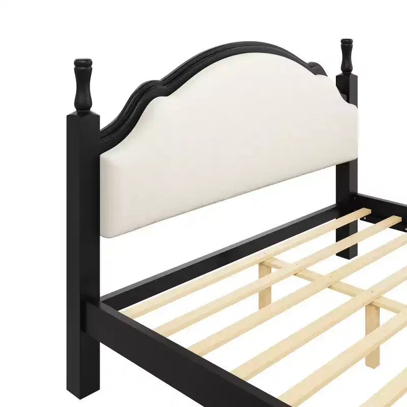Letto imbottito nero/marrone con piattaforma, testiera curva, struttura in legno di pino, queen/king, per 2 persone