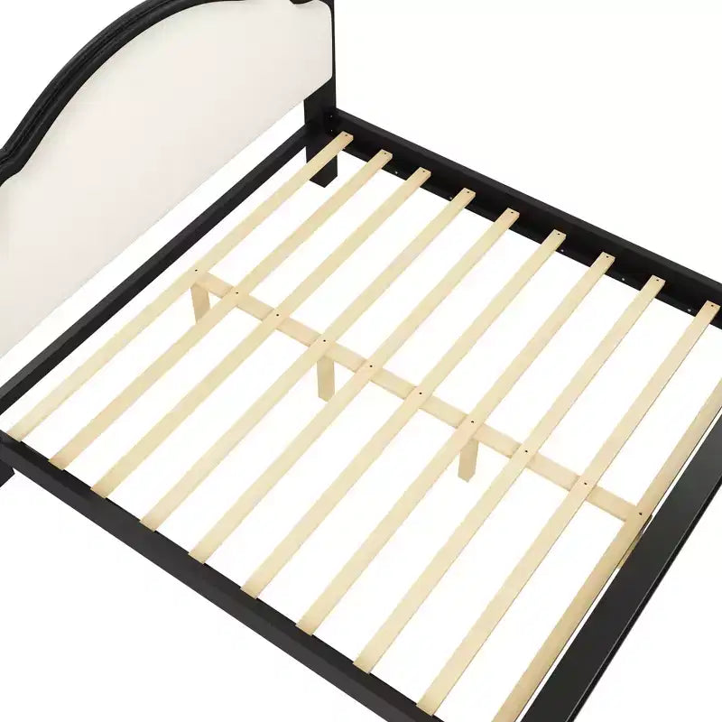 Letto imbottito nero/marrone con piattaforma, testiera curva, struttura in legno di pino, queen/king, per 2 persone