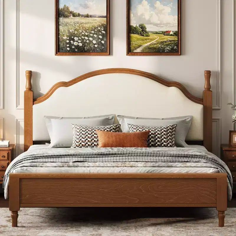 Letto imbottito nero/marrone con piattaforma, testiera curva, struttura in legno di pino, queen/king, per 2 persone